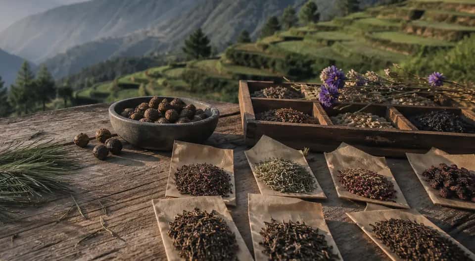 Sorted seed lots in wooden trays beside cones and dried seed heads